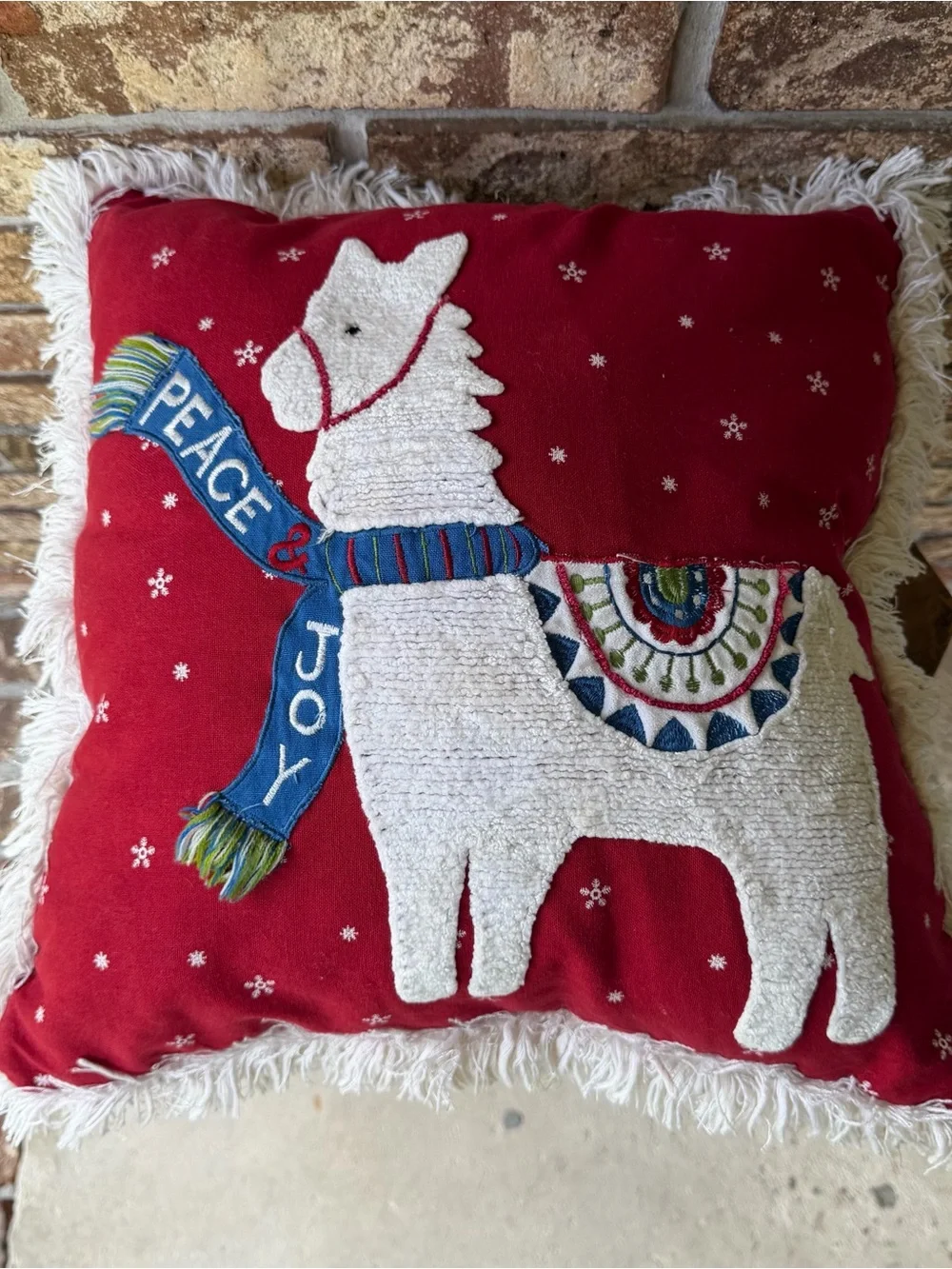 Pier 1 Christmas Pillow 17” X 17” Llama Peace Joy Beautiful Condition!